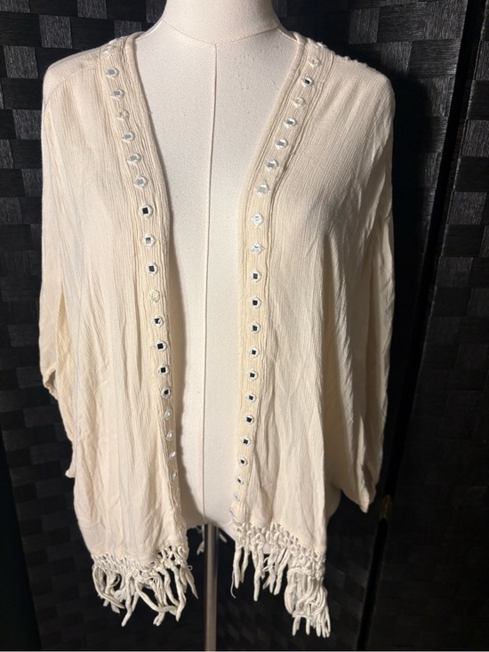American Eagle Outfitters Sweaters - American Eagle Boho Mirror Kimono Cardigan Cream Fringe Shisha Festival